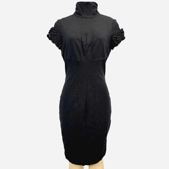 VTG Y2K Cache Contour Fitted Dress Ruffle Short Sleeve Turtleneck Knee Length 12 - Picture 1 of 16